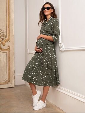 Seraphine Green Polka Dot Maternity and Nursing Midi Wrap Shirt Dress 2 P